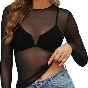 Y2K Sheer Floral Lace Long Sleeve Mesh Top – Black